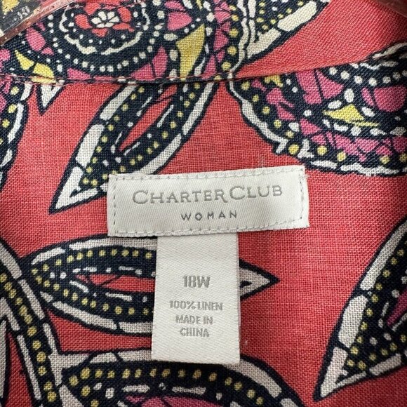 LInen Charter Club Shirt Button up Floral Long sleeve roll tab 18W Coral - Picture 6 of 10